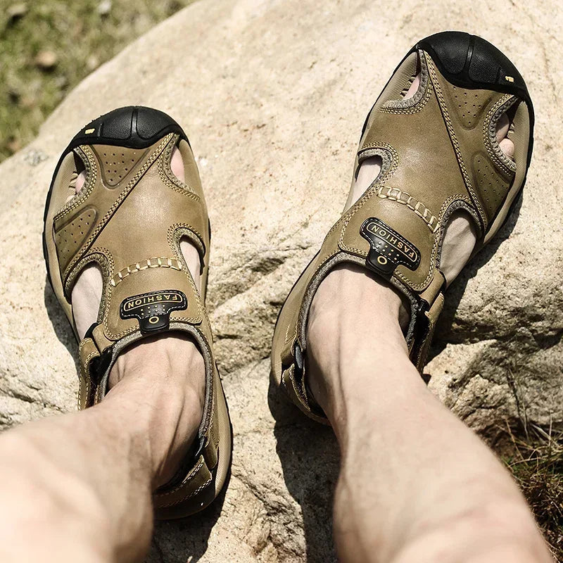 Summer Sandals Leather Outdoor Men Beach Shoes Luxury Breathable Casual Sandal Man Wading Shoes Non-slip Wide lining Slippers