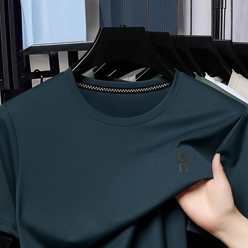 Summer Ice Silk T-shirt Men's Round Neck Short Sleeve 2026 New Business and Leisure Elastic Cool Top