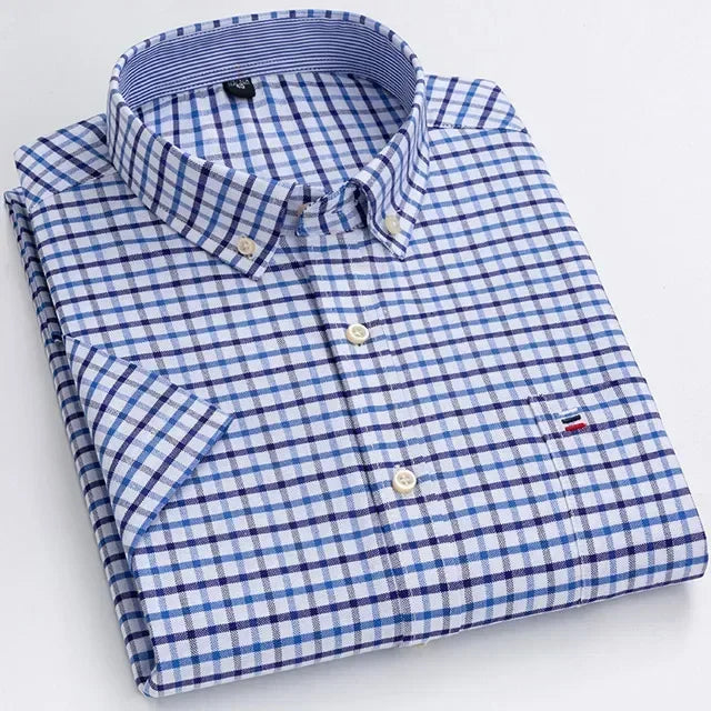 2026 100% Pure Cotton Men's Oxford Short Sleeve Square Collar Soild Plaid Striped Summer Casual Shirts Single Pocket  Shirt