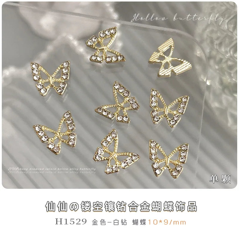 10PCS 3D Mini Crystal Butterfly Nail Art Charms Jewelry Parts Accessories Luxury Alloy Nails Decoration Rhinestones Supplies
