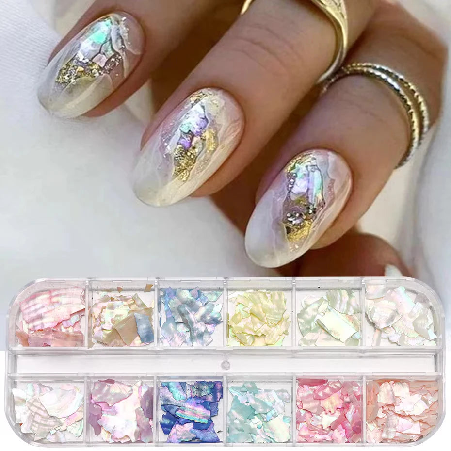 6/12Grid Abalone Sea Shell for Nails Holographic Mirror Nail Art Glitter Flakes Rainbow Mermaid Irregular Sequins Manicure Decor