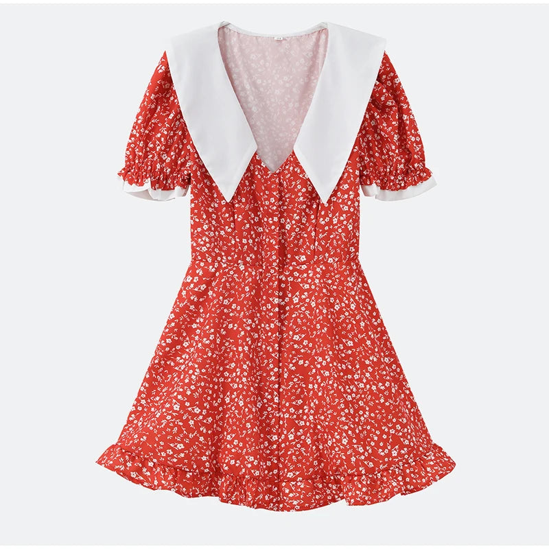 Sexy Floral Printed Mini Dress Women V-neck Flared Sleeve Waist Cinching Ruffle Bodycon Dresses 2026 Lady Party Vacation Gown