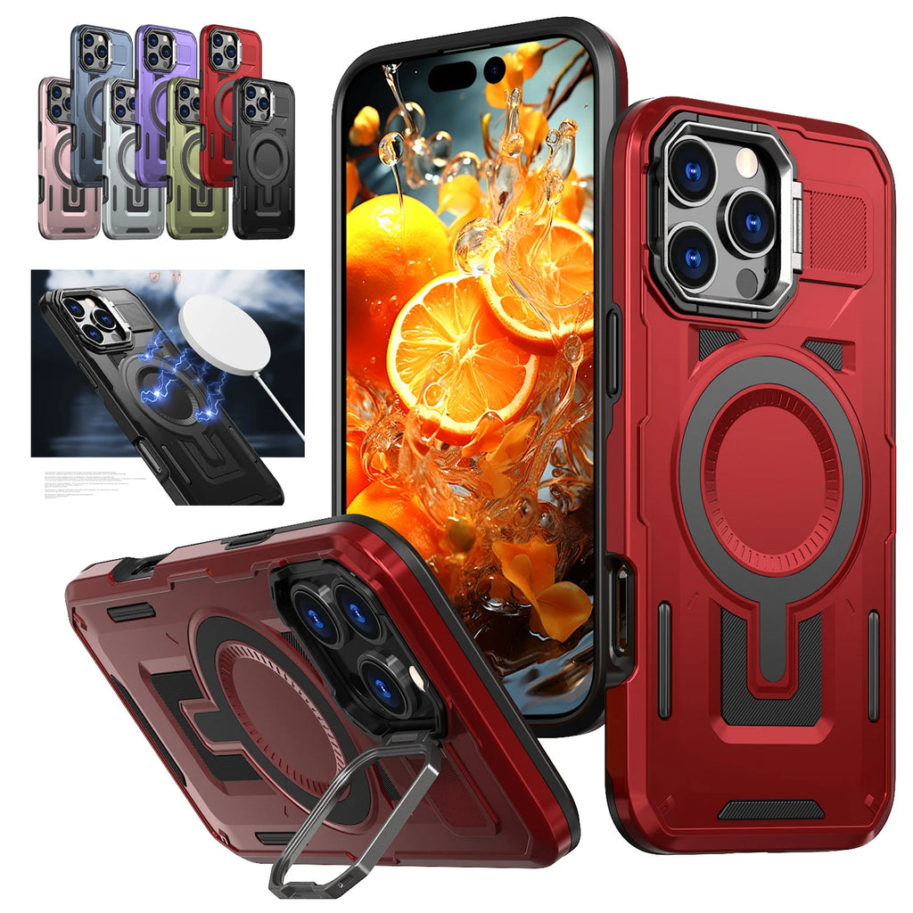 Luxurious Armor Case for iPhone 17 air 16 e 15 14 13 12 11 Pro Max Plus Magnetic Metal Stand Holder Kickstand Protective Hard Co