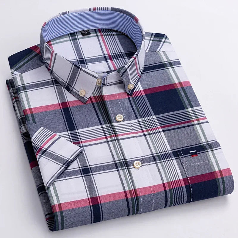 2026 100% Pure Cotton Men's Oxford Short Sleeve Square Collar Soild Plaid Striped Summer Casual Shirts Single Pocket  Shirt