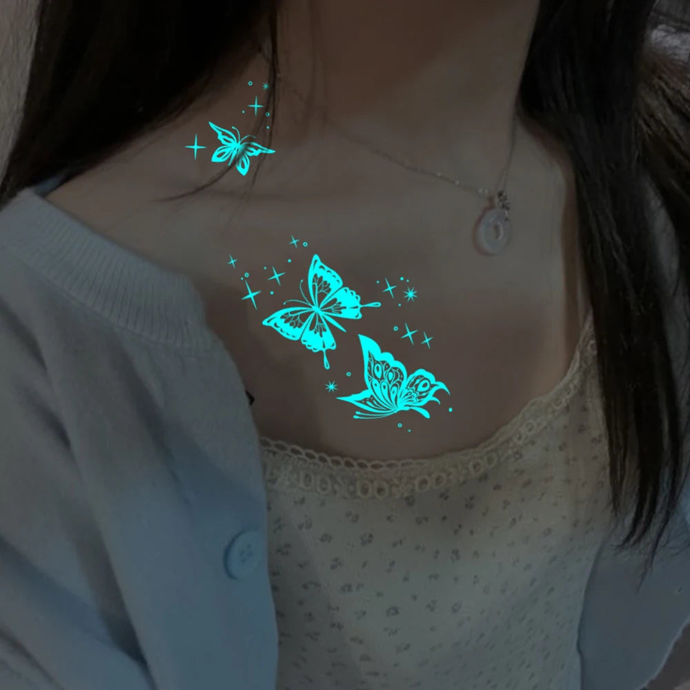 5pcs Blue Luminous Glow Waterproof Temporary Tattoo Sticker Moon Star Heart  Line Flash Tato Women Men Arm Body Art Fake Tattoos