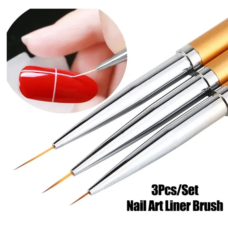 Fine Tip Nail Art Liner Brush 3Pcs Acrylic 3D Line Striping Pen UV Gel Drawing Brush Set for French Manicure DIY Painting