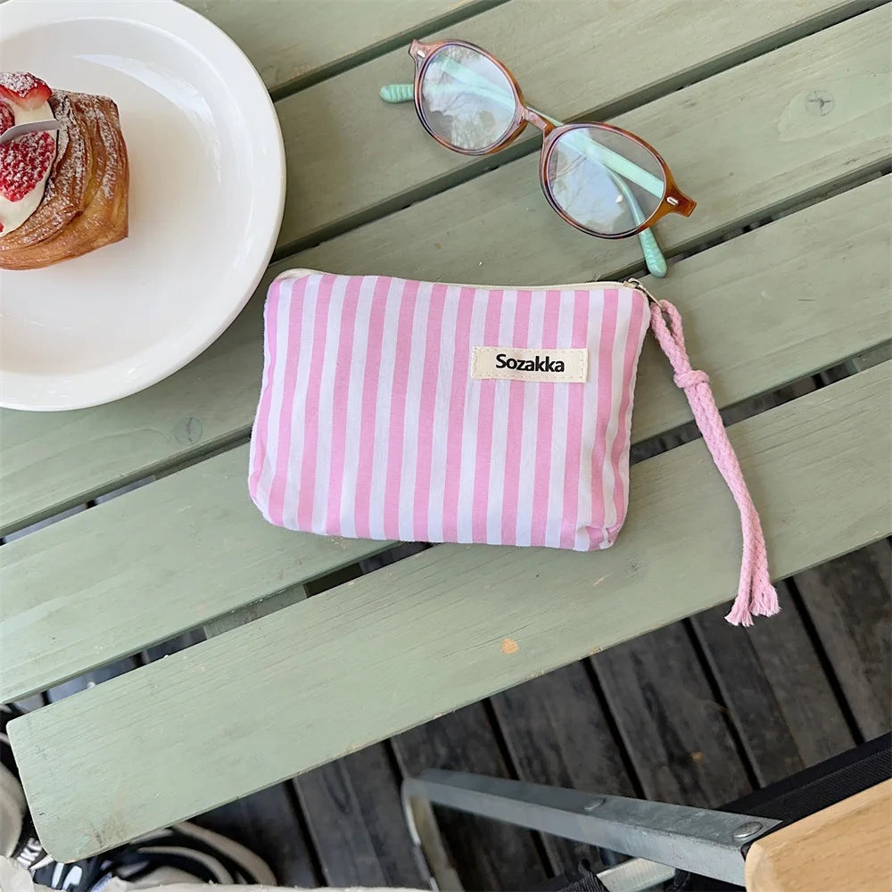 Small Cosmetic Make Up Bag Mini Canvas Striped Organizer Bags for Women Lipstick Makeup Case Children Cute Purse Coin Pouch Case