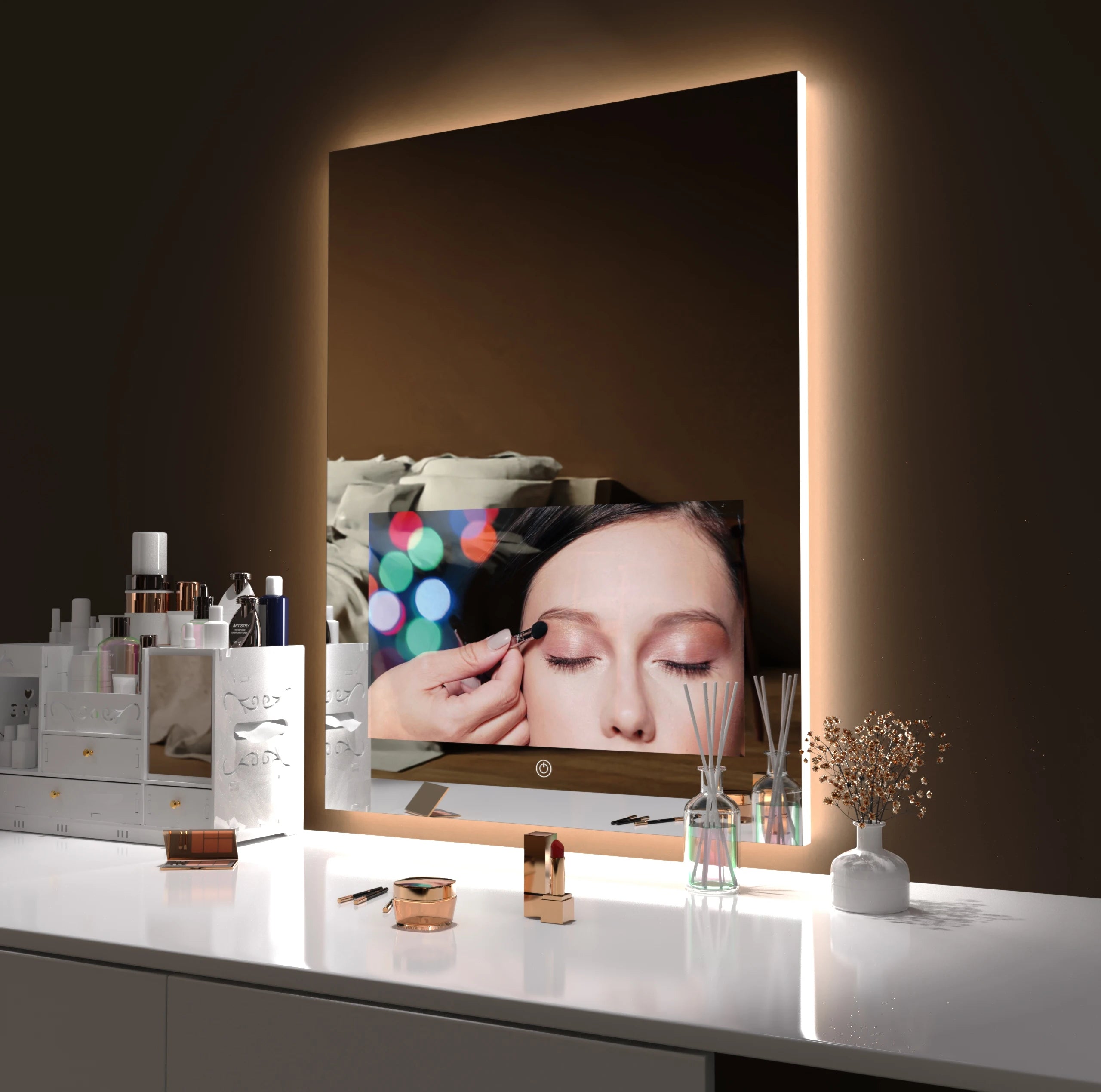 Smart Lighted Mirror With Touch Screen TV Tri-color Adjustable Light 2 in 1 Mirror TV Ideal for Hotels and RV