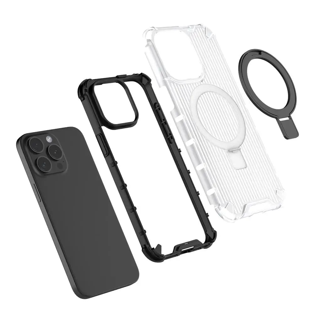 For Magsafe iPhone 17 Air 16 15 14 Plus 13 Pro Max Corrugated Magnetic Metal Bracket Transparent Phone Case Protective Cover
