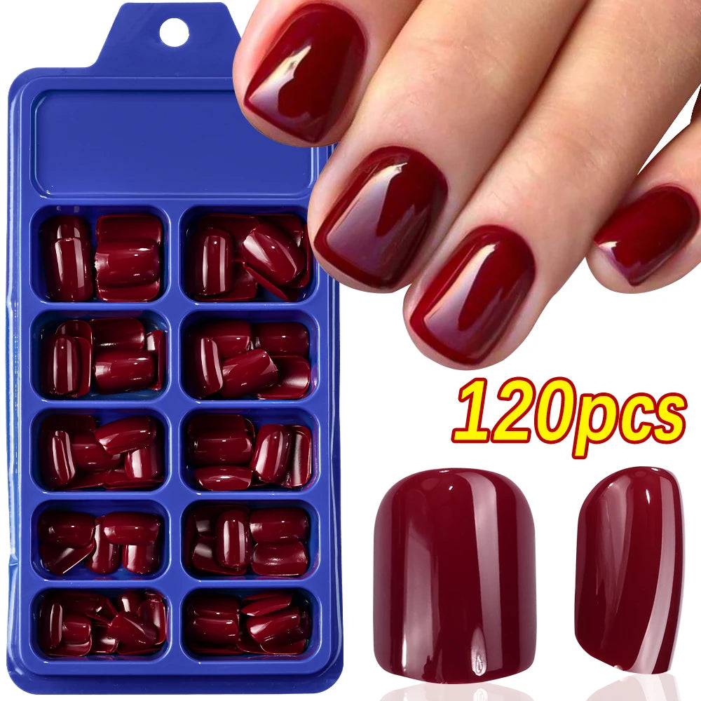120Pcs Red Short Square Fake Nails Summer Glossy Full Cover Press on Nailtip Acrylic False Fingertip for Women Mother's Day Gift