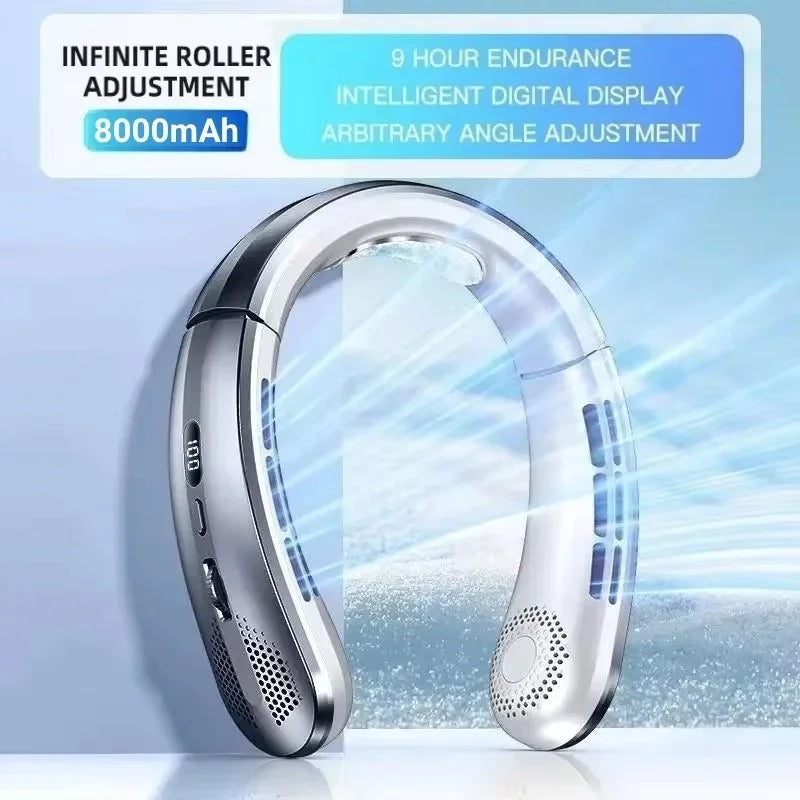2026 New 8000mAh Portable Hanging Neck Fan Bladeless Neckband Fan Digital Display Power Air Cooler USB Rechargeable Electric Fan