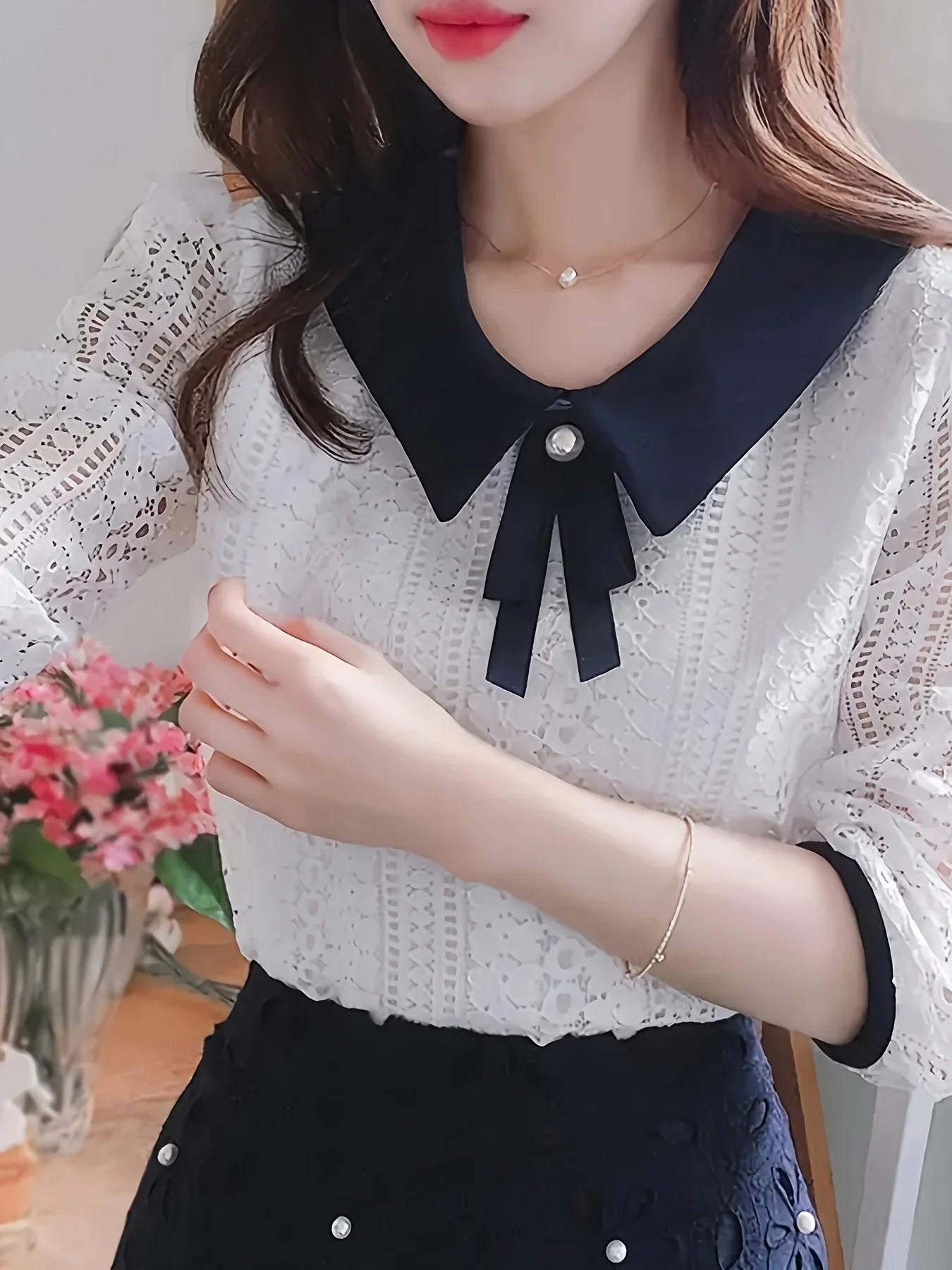 Women's Spring Autumn Style Lace Blouses Shirt Women Peter Pan Collar Solid Color Half Sleeve Elegant Lace Tops SP8676