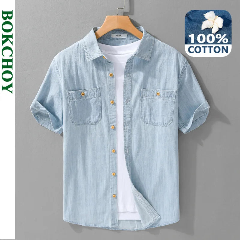 Summer New Casual Denim Short Sleeve Shirts Men Clothing Pure Cotton Slim and Thin Soft Streetwear FY9358