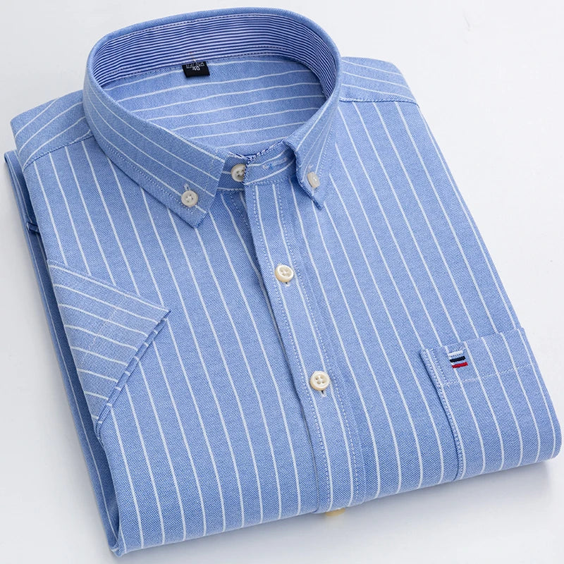 2026 100% Pure Cotton Men's Oxford Short Sleeve Square Collar Soild Plaid Striped Summer Casual Shirts Single Pocket  Shirt