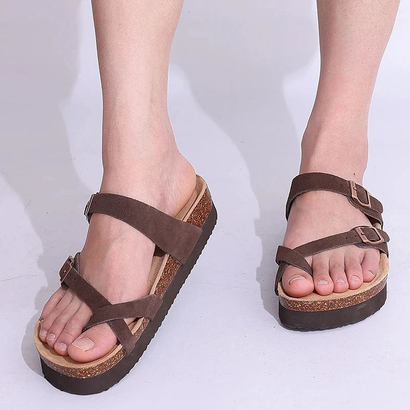 Litfun Women's Cork Footbed Sandals Classic Flat Sandals Fashion Thick Bottom Double Buckle Slides Beach Sandals With Adjustable