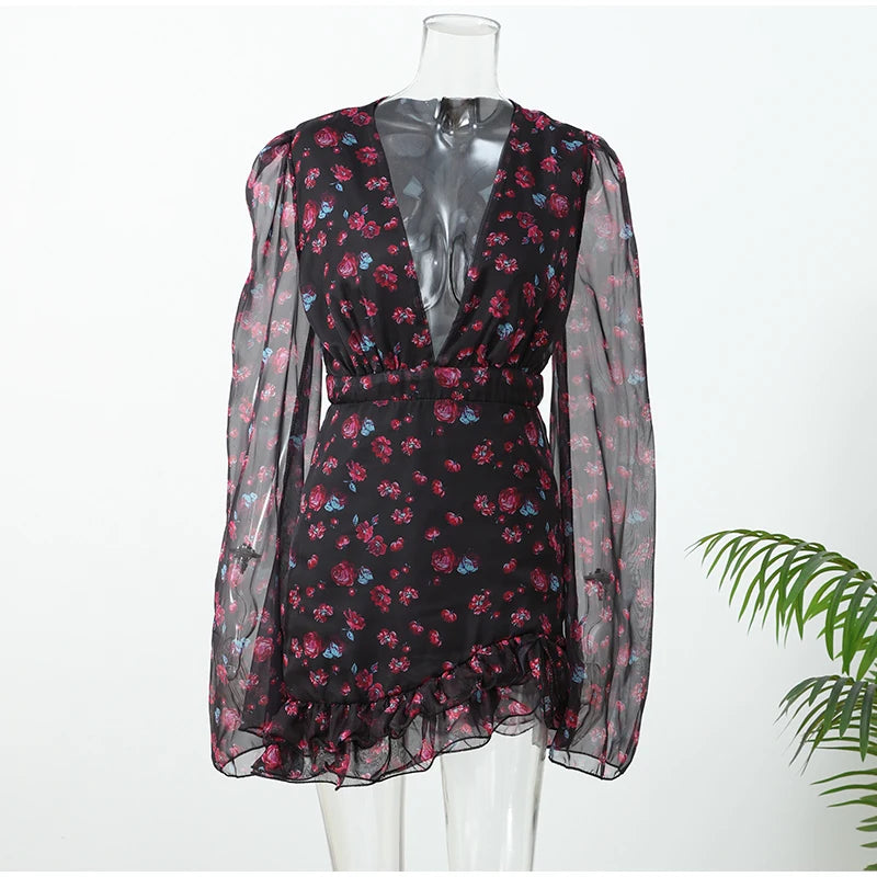 Sexy Floral Printed Mini Dress Women V-neck Flared Sleeve Waist Cinching Ruffle Bodycon Dresses 2026 Lady Party Vacation Gown