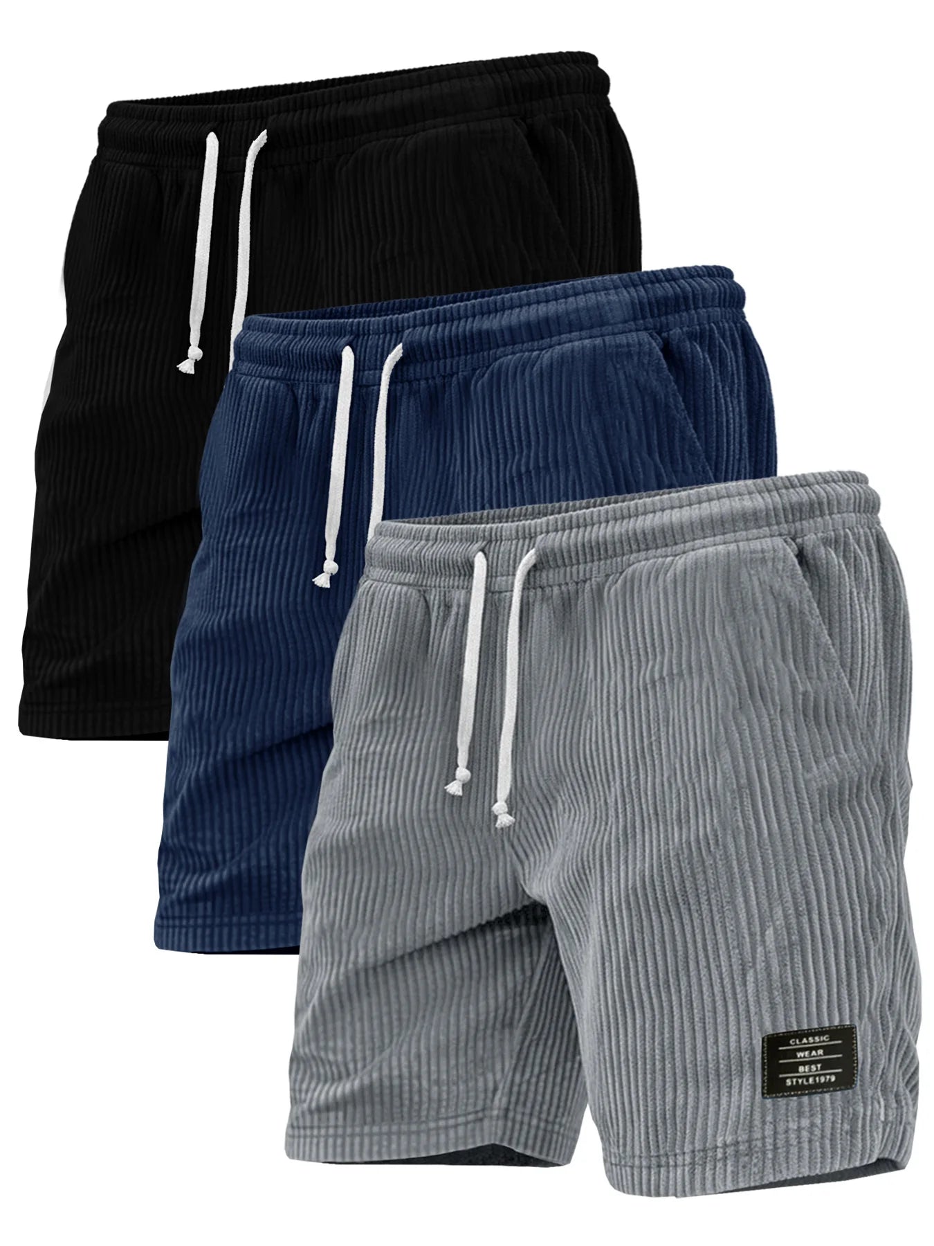 3-piece set of thick striped black label men's corduroy casual shorts, summer retro logo lace up loose sports five quarter pants, multi pocket training pants.