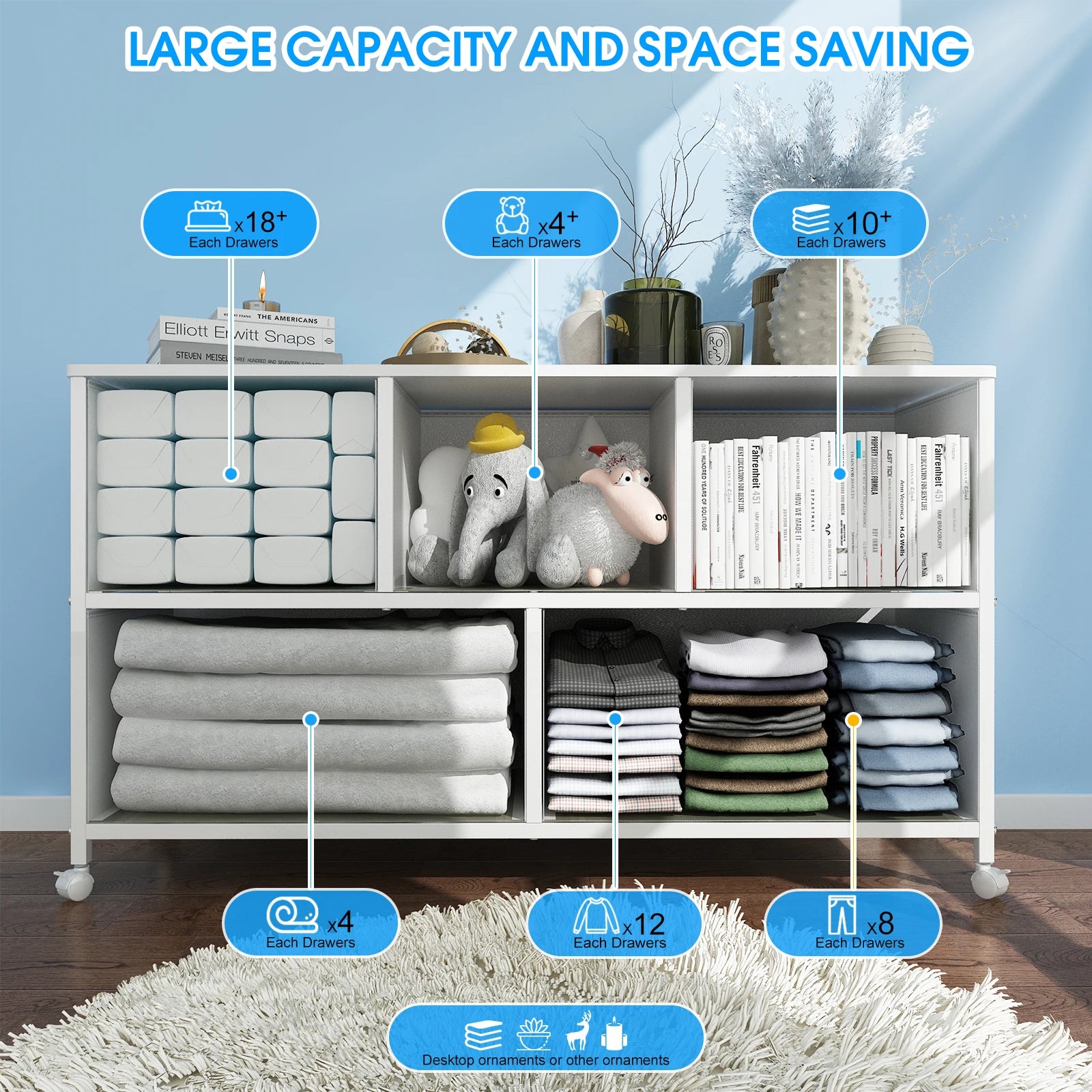 Chest of Drawer Dresser for Bedroom with 5 Fabric Drawers TV Stand with 4 Castors Storage Organizer Unit for Living Room
