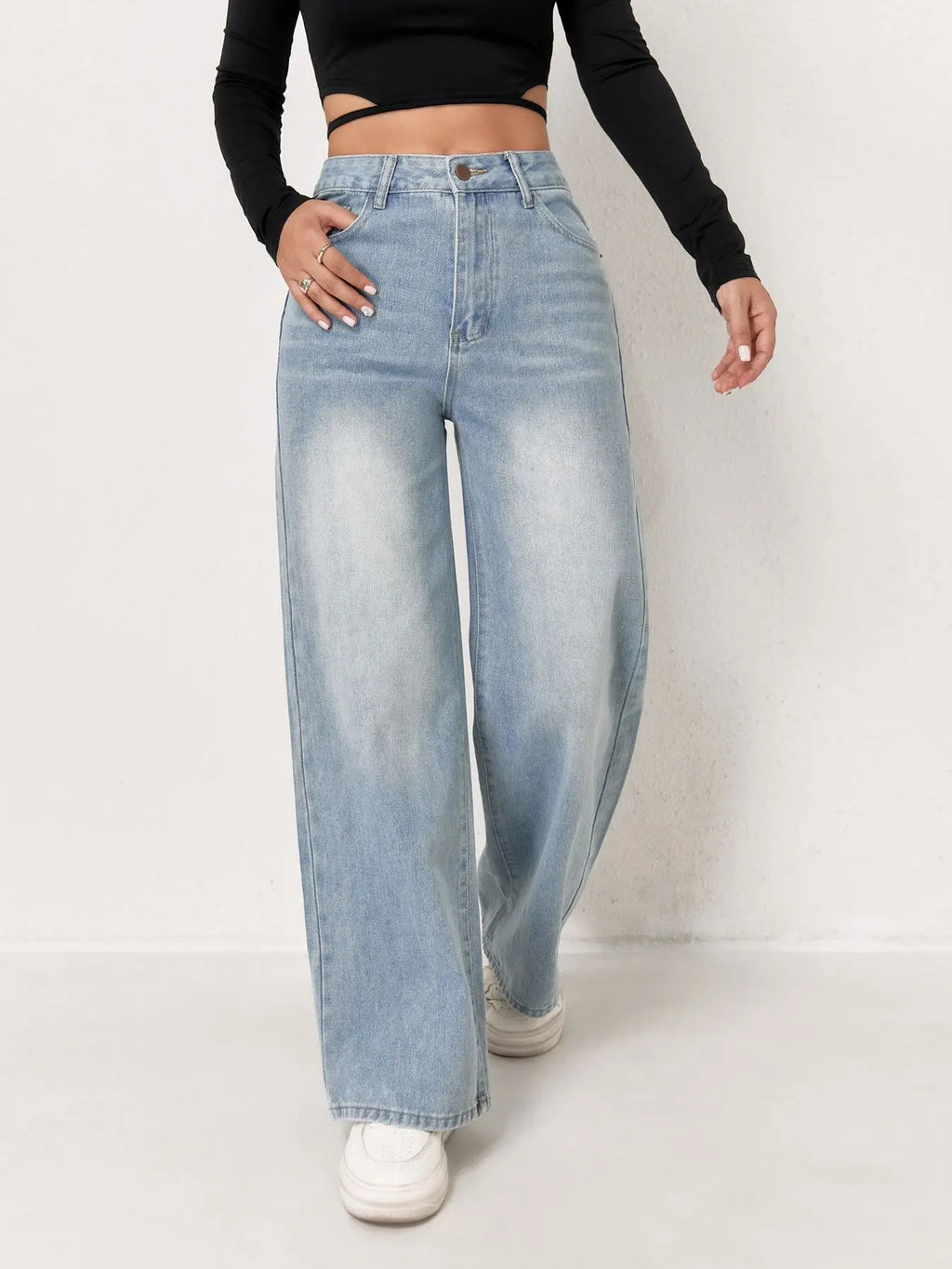 Trendy Wide Leg Distressed Straight Jeans for Women Elastic Casual Bootcut Denim Pants Bestseller Fashionable Ladies Jeans