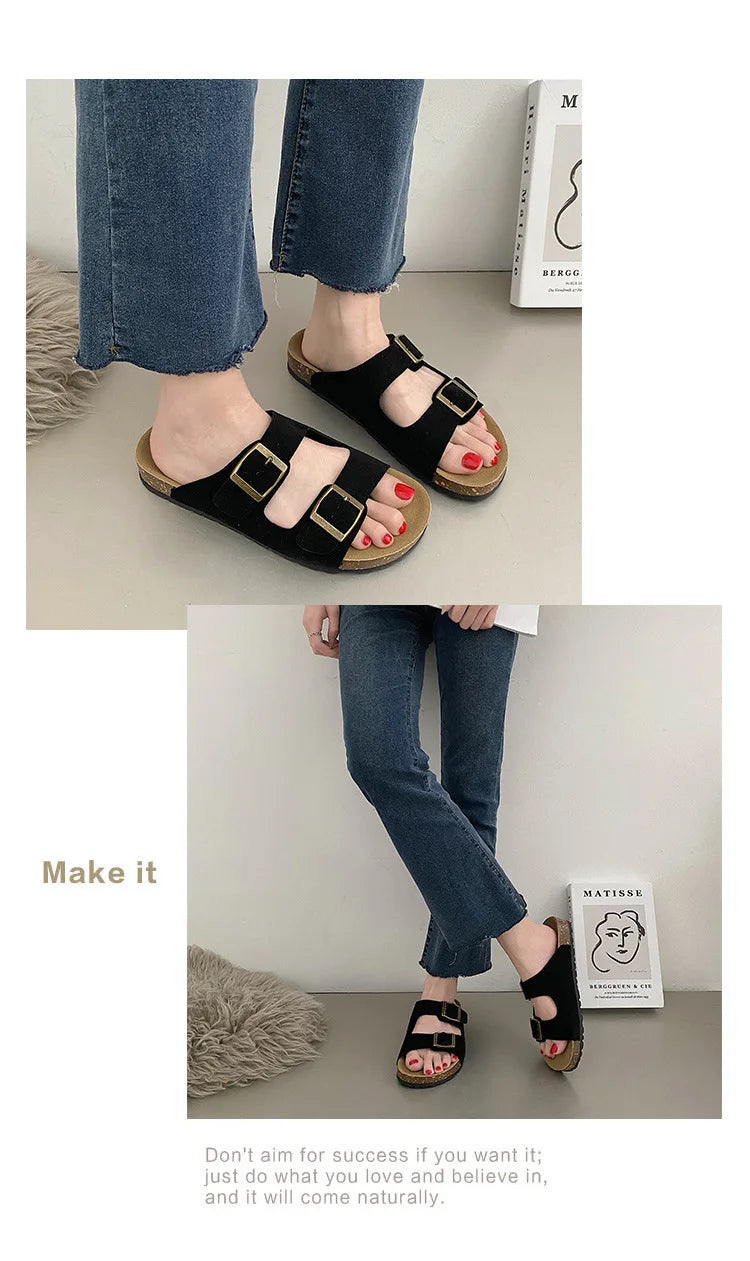 Litfun Women's Cork Footbed Sandals Classic Flat Sandals Fashion Thick Bottom Double Buckle Slides Beach Sandals With Adjustable