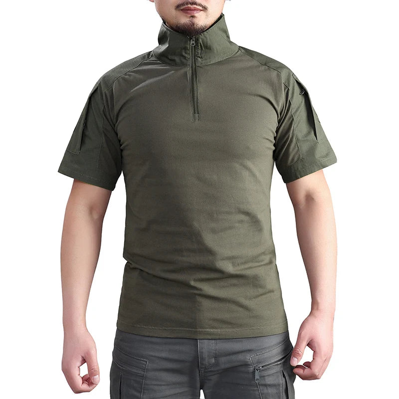 Summer Short Sleeve Combat Shirt Men 1/4 Zipper Cotton Tactical T Shirt Navy Blue Outdoor Shirts With Zipper Pocket