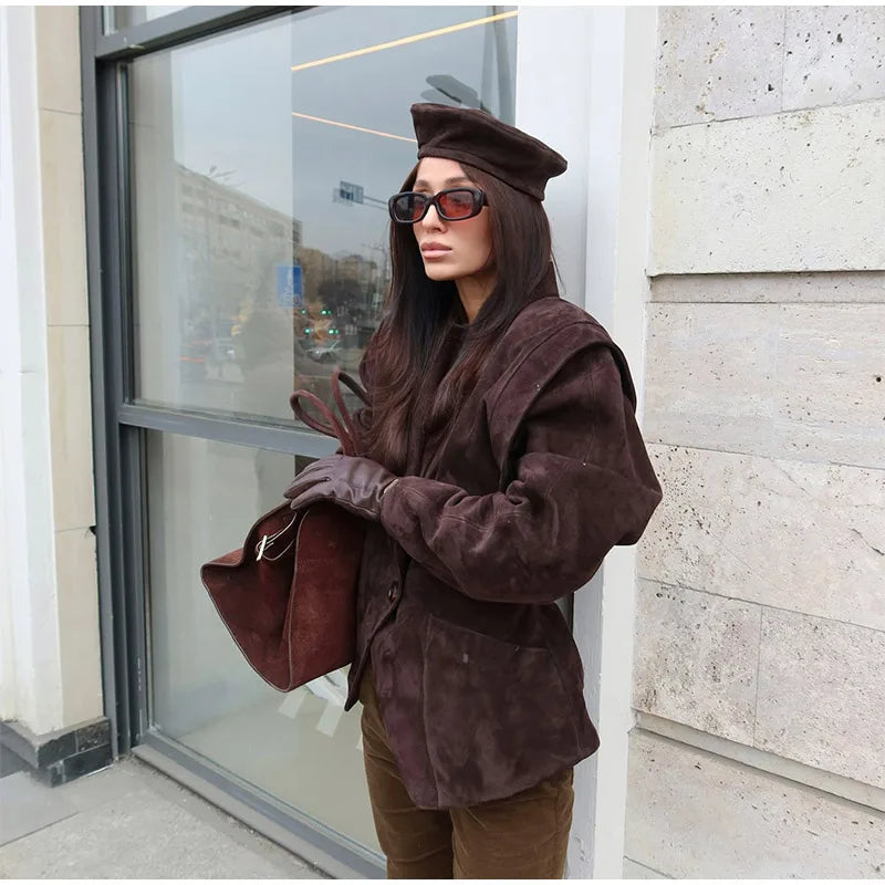 Women Fashion V-neck Lapel Belt Leather Jacket Chic Lace Up High Waist Full Sleeve Overcoat 2025 Lady Autumn High Street Outwear