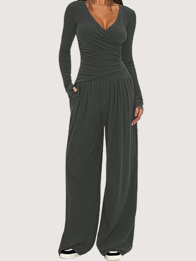 2025 autumn and winter wide leg pants set, women's long sleeved multi occasion sportswear, commuting hot selling item