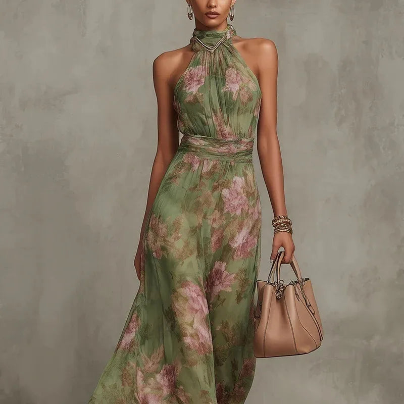 Elegant Ruched Mesh Maxi Dress – Printed Split Cami Style