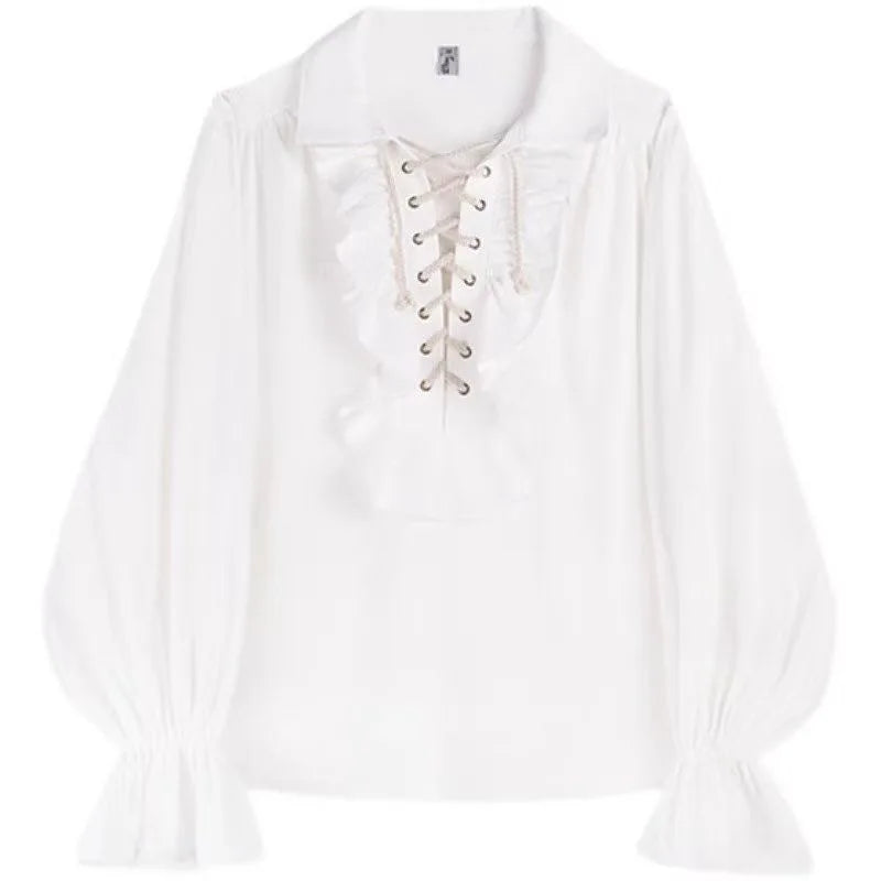 2025 New Women Pirate Shirt Vampire Prince Poet Shirts Medieval Buccaneer Frills Lace Up Renaissance Vintage Gothic Blouse Tops