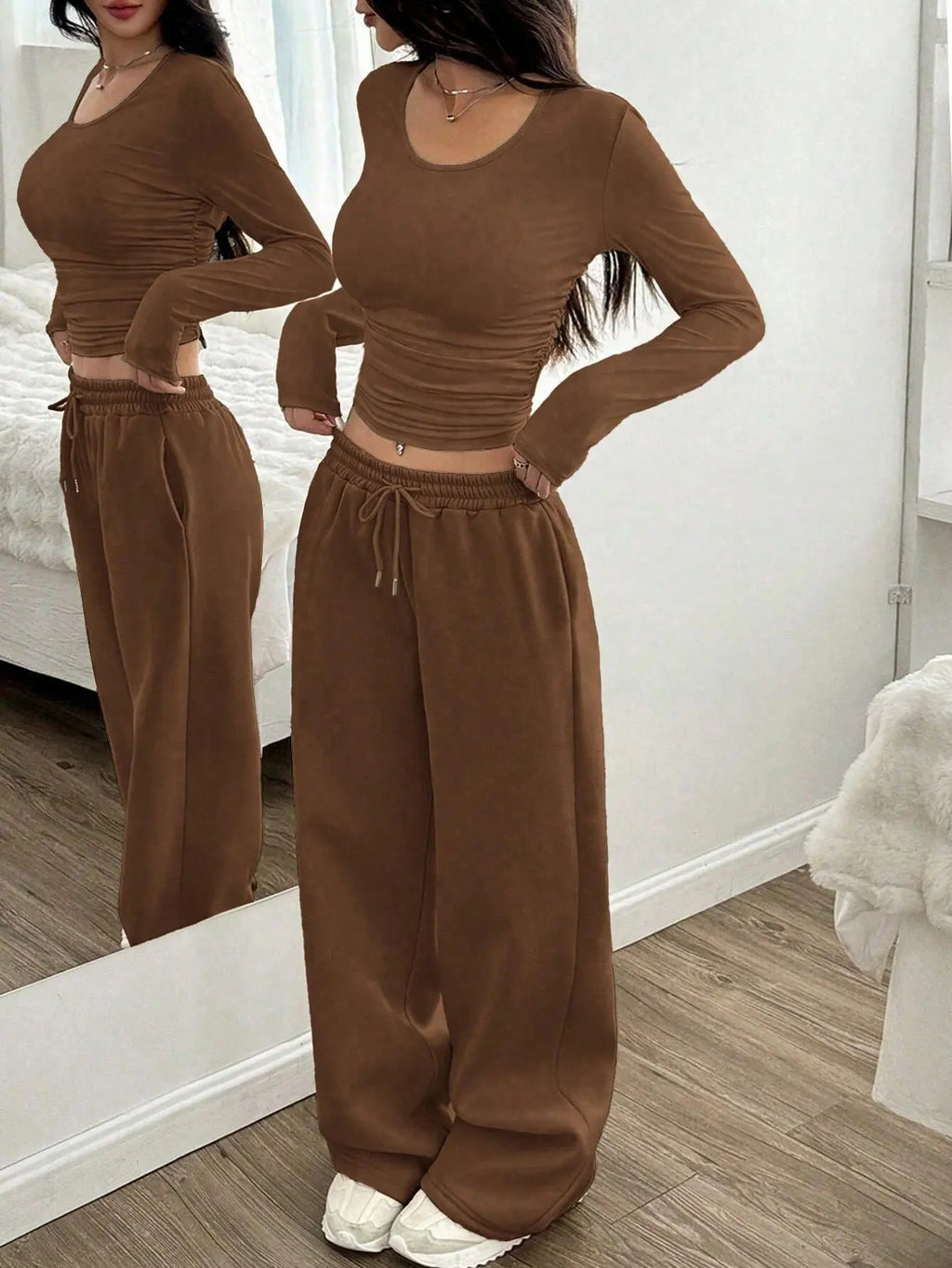 Women's Fashion Casual Wide Leg Pants Long Sleeve Crew Neck Solid Color Slim Two-piece Autumn and Winter Suit