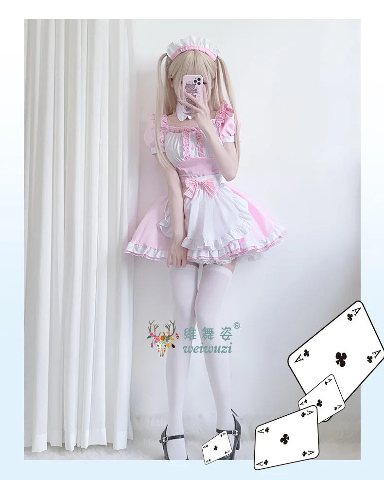 Japanese Sweet Cute Lolita Dress Maid Cosplay Costume Pink Bow Maid Dress Girl Fashion Stage Perfermance Fancy Costume Catwomen