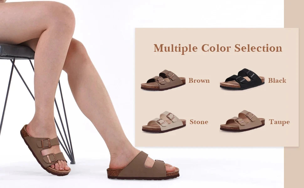 Litfun Women's Cork Footbed Sandals Classic Flat Sandals Fashion Thick Bottom Double Buckle Slides Beach Sandals With Adjustable