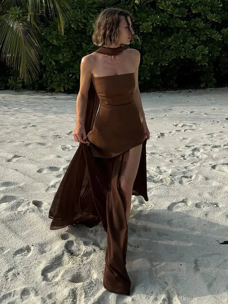 2025 New Strapless Dress With Ribbon Women's Elegant Sleeveless Mesh Beach Vacation Long Dress Spring Fashion Lady Dress