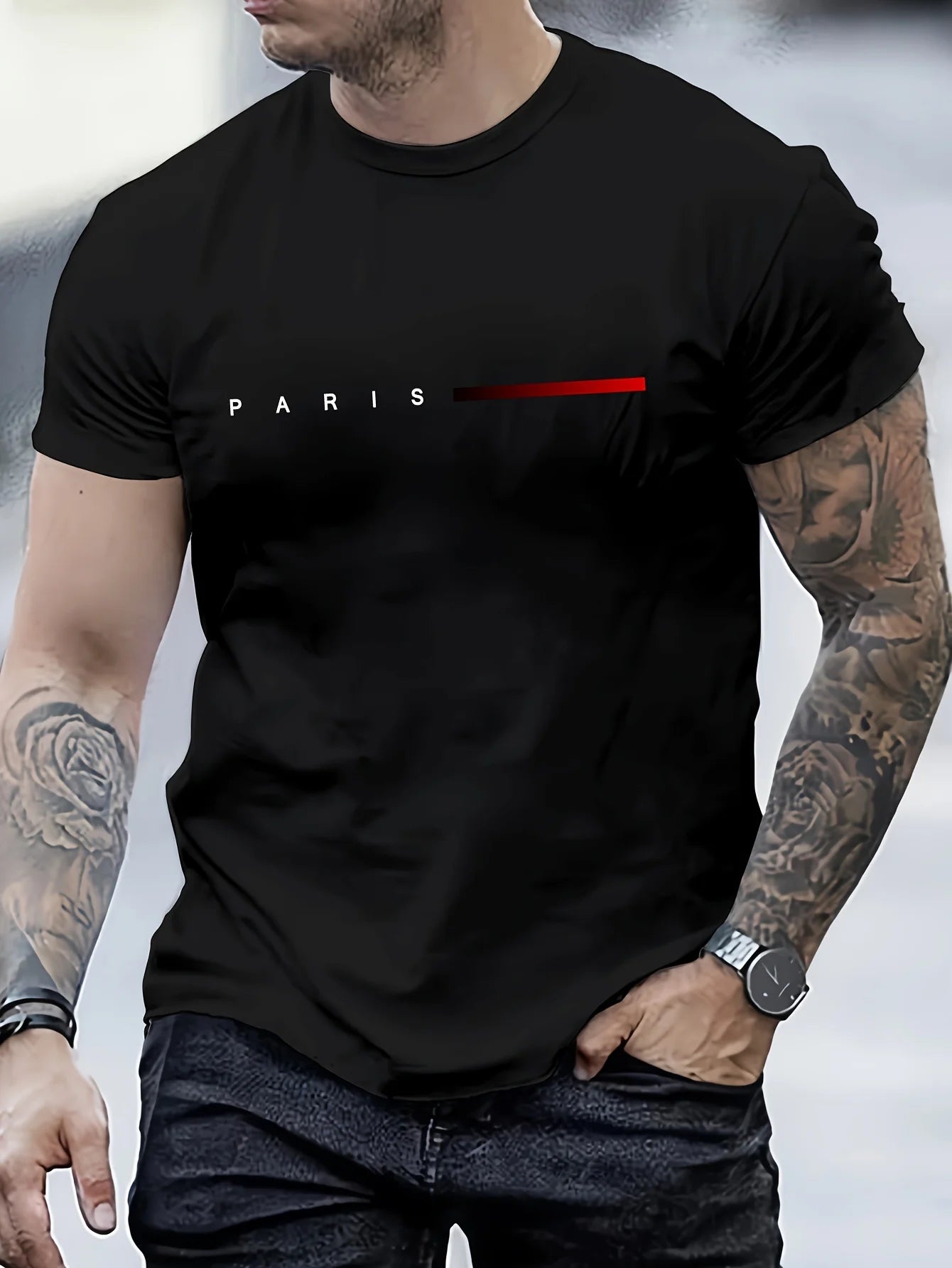 Men's PARIS Letter Print T-Shirt | 100% Cotton Slim Fit Casual Tee