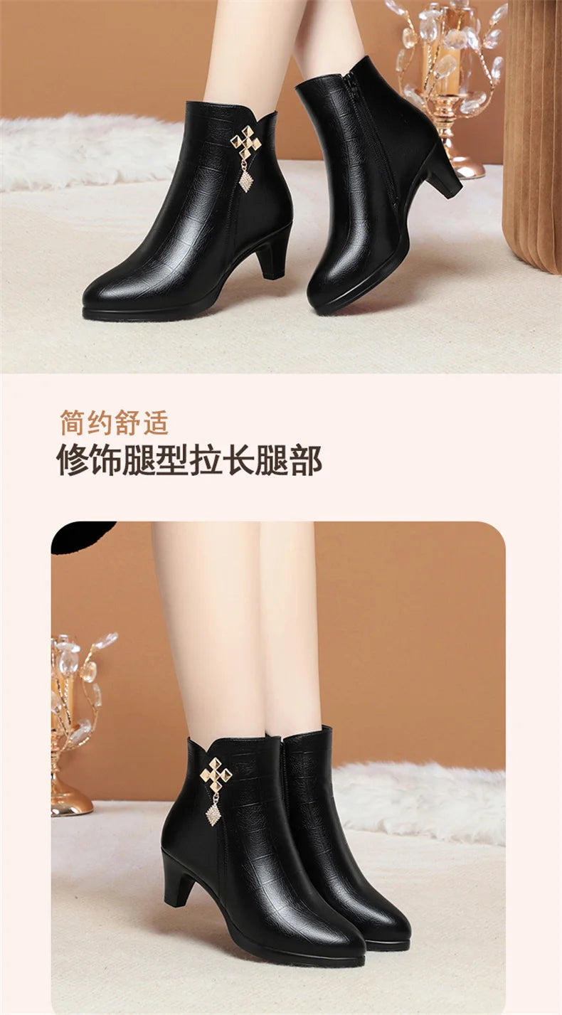 Women High Heels Soft Leather Ankle Boots Autumn Winter Platform Plush Boots Brand Fashion Point Toe Middle Heel Cotton Shoes