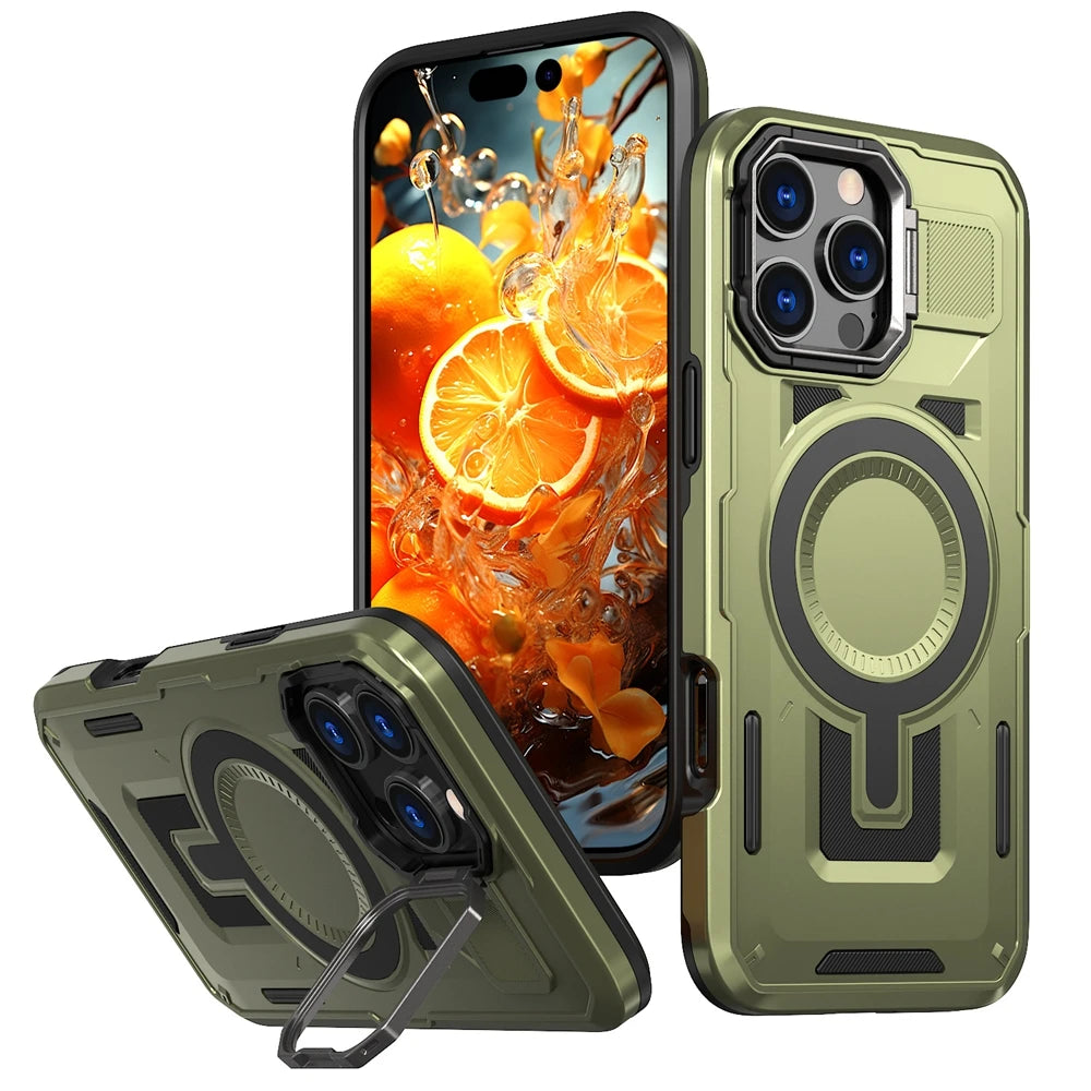 Luxurious Armor Case for iPhone 17 air 16 e 15 14 13 12 11 Pro Max Plus Magnetic Metal Stand Holder Kickstand Protective Hard Co