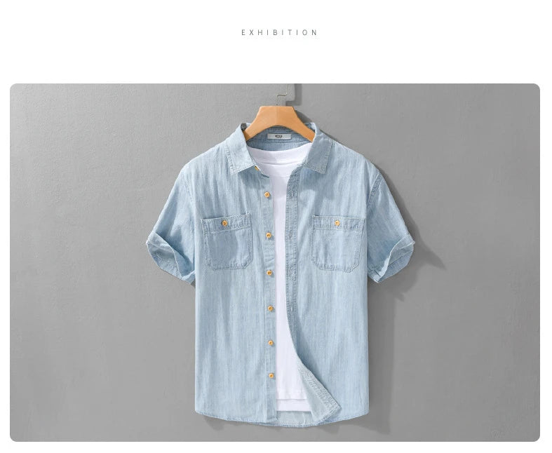 Summer New Casual Denim Short Sleeve Shirts Men Clothing Pure Cotton Slim and Thin Soft Streetwear FY9358
