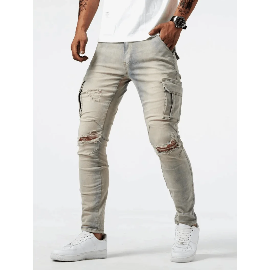 Men's Ripped Jeans Trendy Streetwear Slim Fit Tight Ripped Skinny Pants