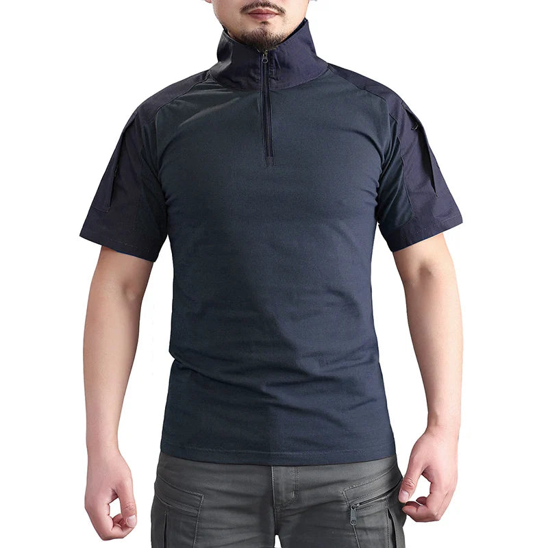 Summer Short Sleeve Combat Shirt Men 1/4 Zipper Cotton Tactical T Shirt Navy Blue Outdoor Shirts With Zipper Pocket