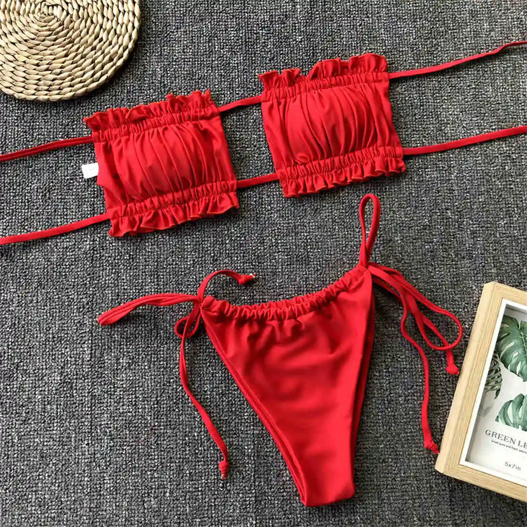 Sexy Leopard Bandeau Brazilian Bikini Swimsuit Female Swimwear Women Two-pieces Bikini set Pleated Bather Bathing Suit V1242L