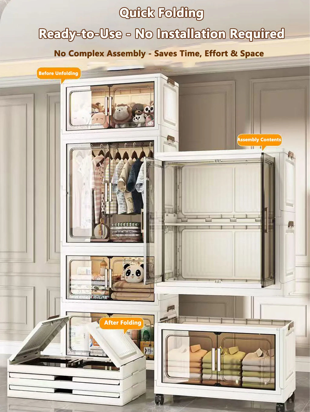 Multi-Functional Folding Storage Cabinet with Doors White/Black/Gray for Home Office Kitchen Bathroom Organizer