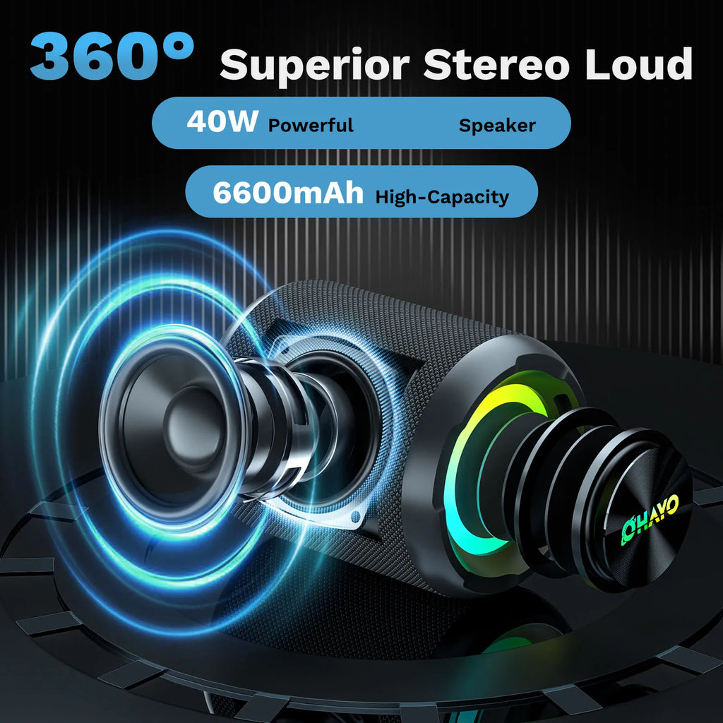 OHAYO 40W, IPX7 Waterproof Wireless Portable Speaker with Lights, Loud Sound, RGB Lights,TWS Pairing, AUX&TF-Card in