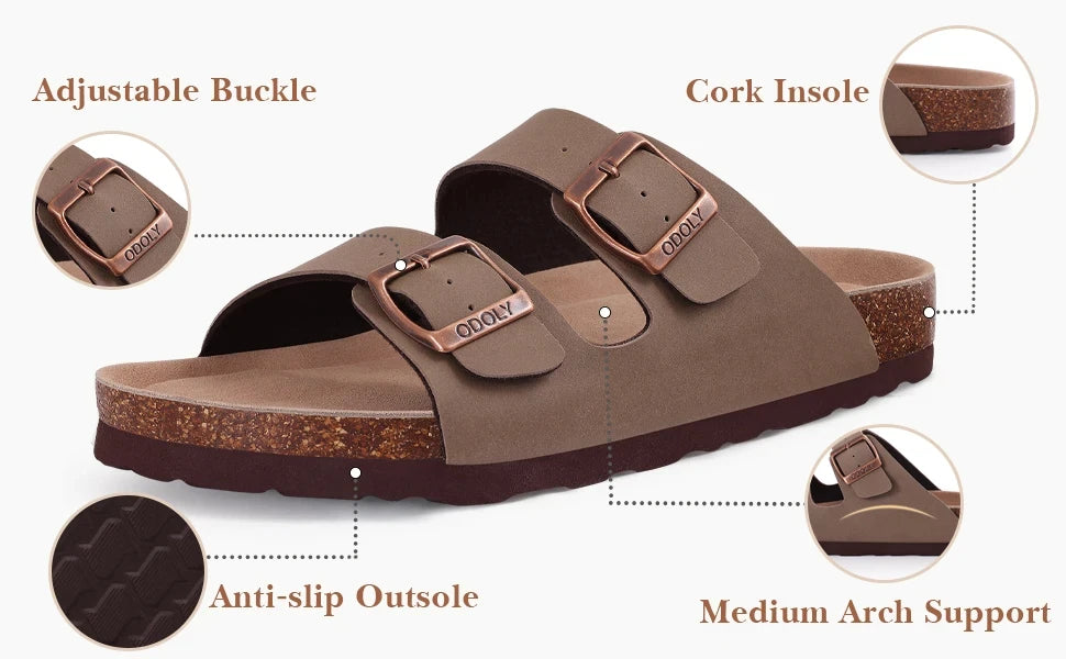 Litfun Women's Cork Footbed Sandals Classic Flat Sandals Fashion Thick Bottom Double Buckle Slides Beach Sandals With Adjustable