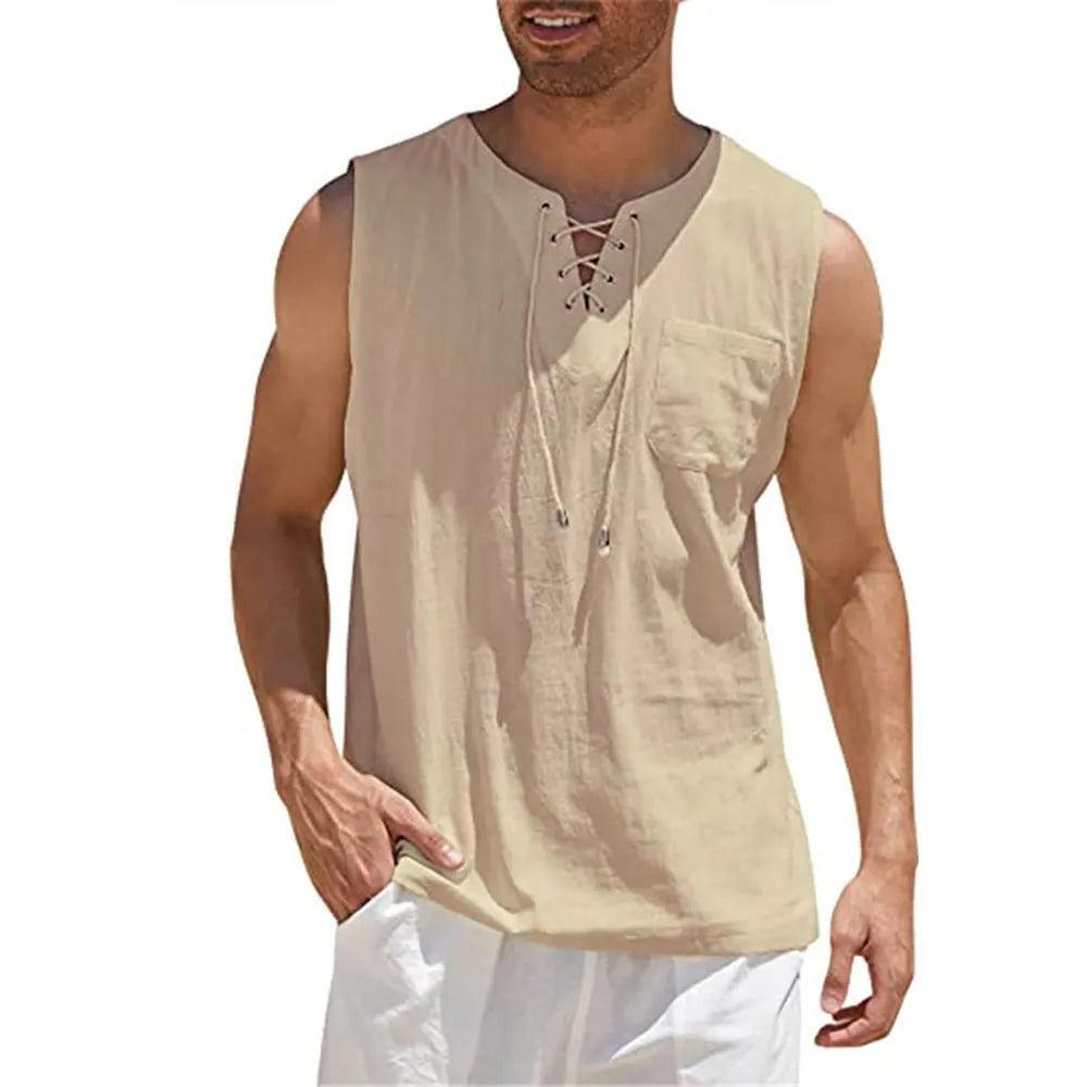 Men Summer Tank Top Sleeveless T-Shirt Lace-up Design Solid Color Shirt Loose Fit Vest Daily Vest Men Clothing