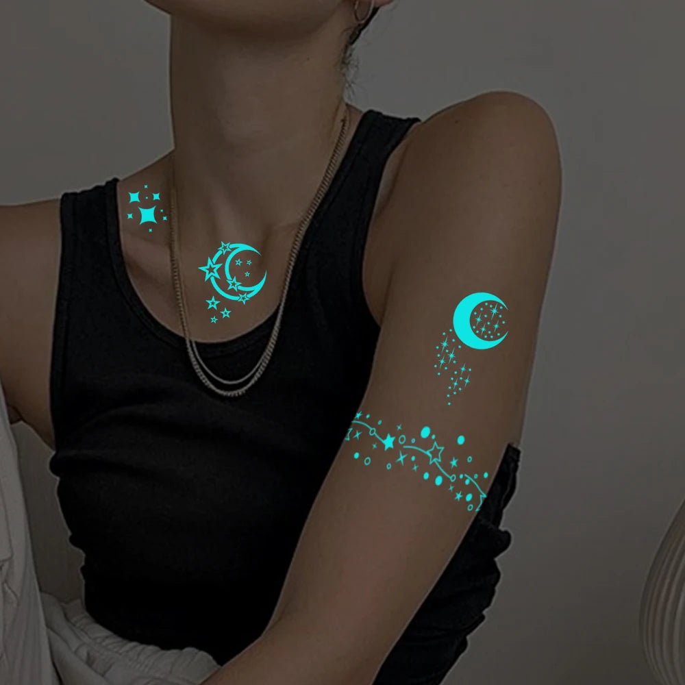 5pcs Blue Luminous Glow Waterproof Temporary Tattoo Sticker Moon Star Heart  Line Flash Tato Women Men Arm Body Art Fake Tattoos