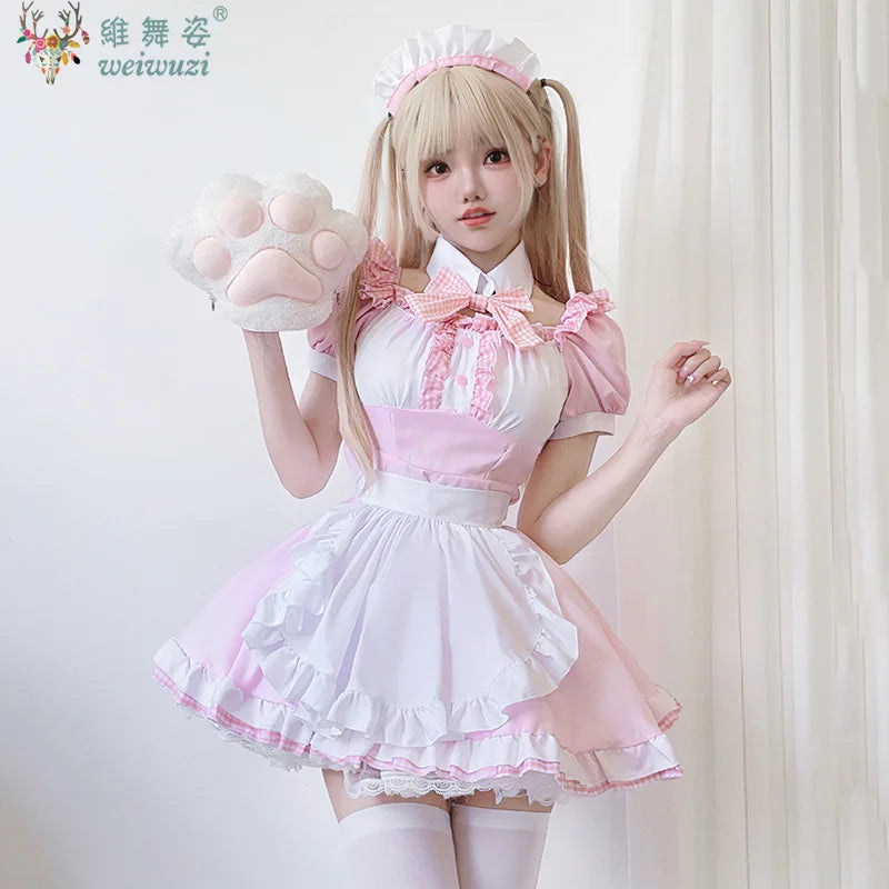 Japanese Sweet Cute Lolita Dress Maid Cosplay Costume Pink Bow Maid Dress Girl Fashion Stage Perfermance Fancy Costume Catwomen