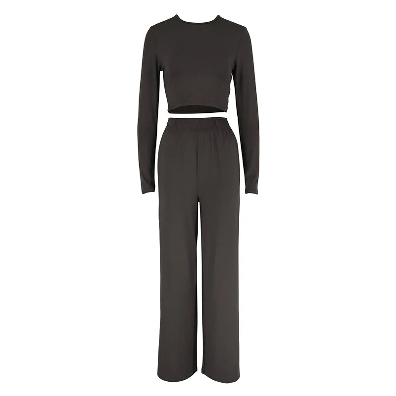Spring New Women's T-shirt Loose Pants 2 Piece Long Sleeves O-Neck Tees Casual Slim Fashion Trouser Solid Basic Female Clothing
