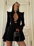 Black Hollow Out Mini A-line Dress Women Sexy Round Neck Full Sleeve Waist Cinching Short Dresses 2025 Lady Chic Party Club Robe