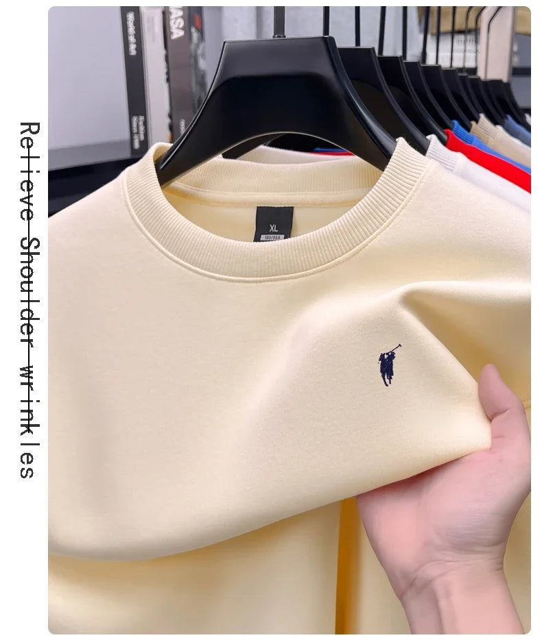 2025 New Men's Round Neck Printed Casual Long Sleeve Hoodie Solid Color Versatile Fleece Loose Casual T-Shirt