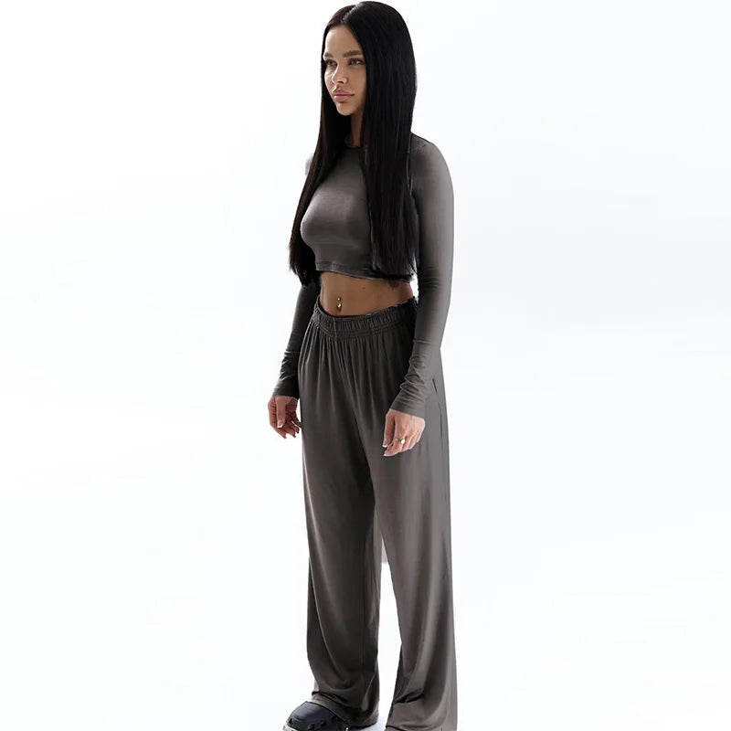 Spring New Women's T-shirt Loose Pants 2 Piece Long Sleeves O-Neck Tees Casual Slim Fashion Trouser Solid Basic Female Clothing